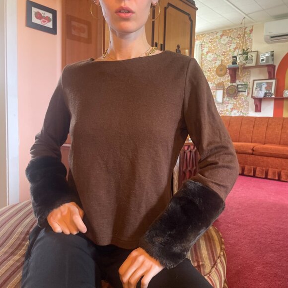 Y2K wool blend fur sleeve brown boatneck cropped sweater! - Picture 5 of 14